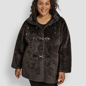 NWOT - DKNY Women's Plus Size Dark Brown Teddy Hooded Toggle Coat 2X